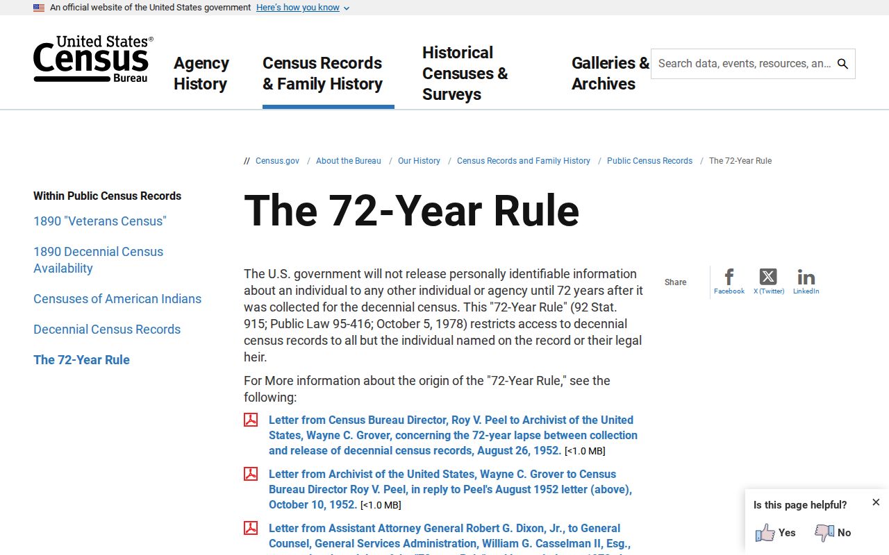 South Elgin previous residents and the federal census 72-year rule
